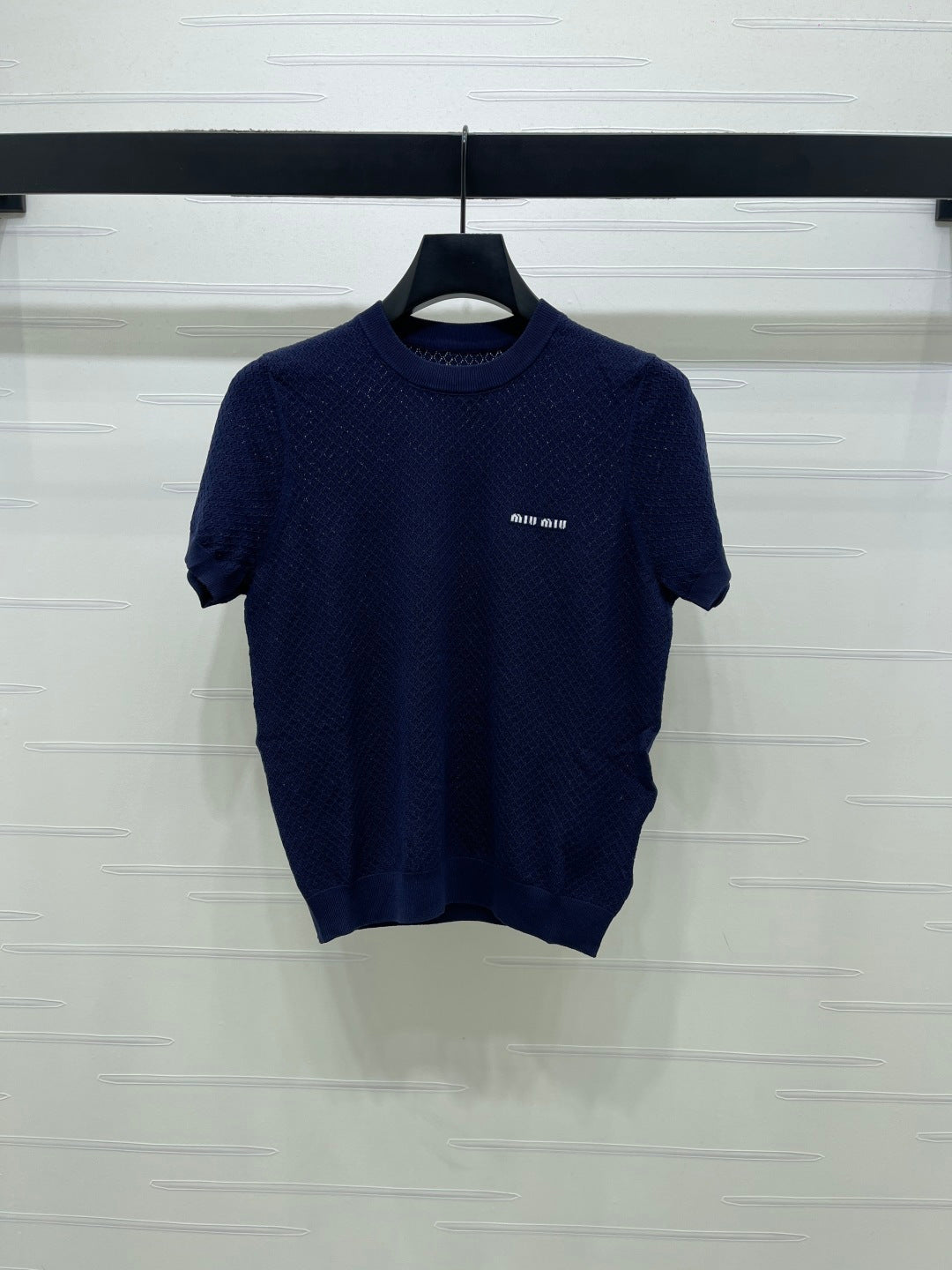 Miumiu 2026 Crew Neck Knit Short-Sleeve Shirt with Letter Logo Tencel