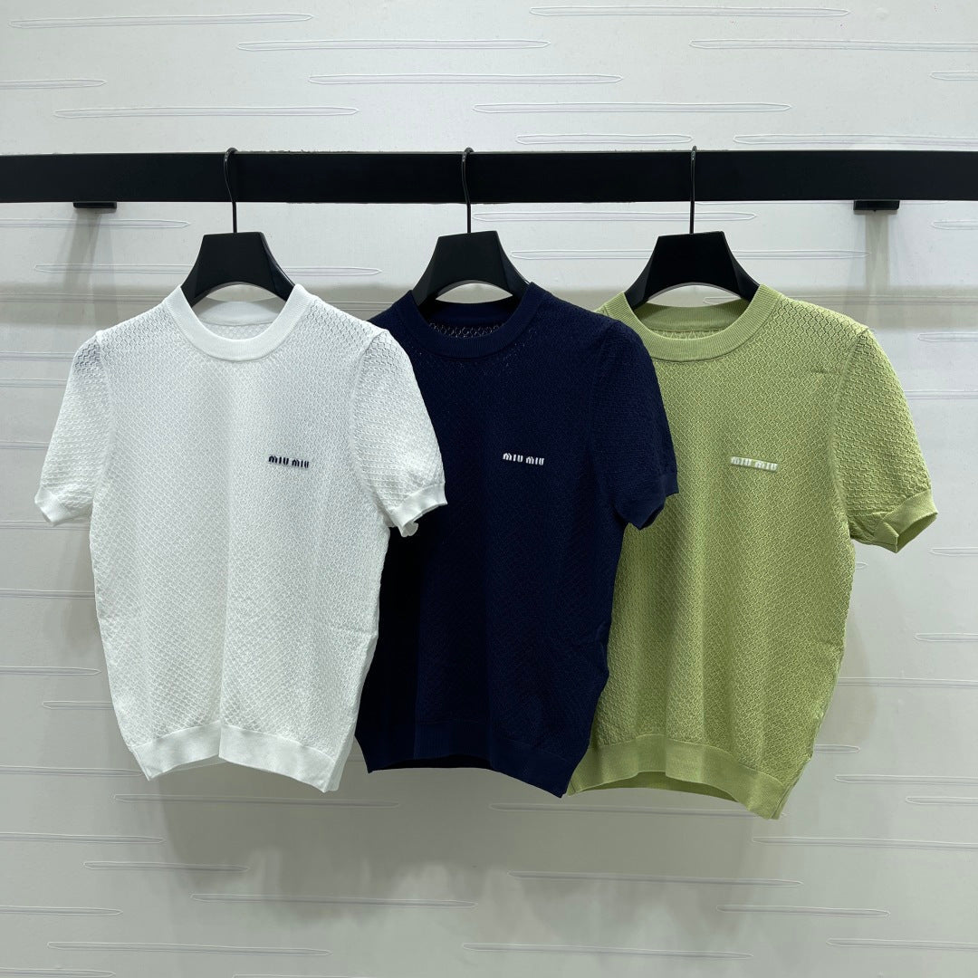 Miumiu 2026 Crew Neck Knit Short-Sleeve Shirt with Letter Logo Tencel
