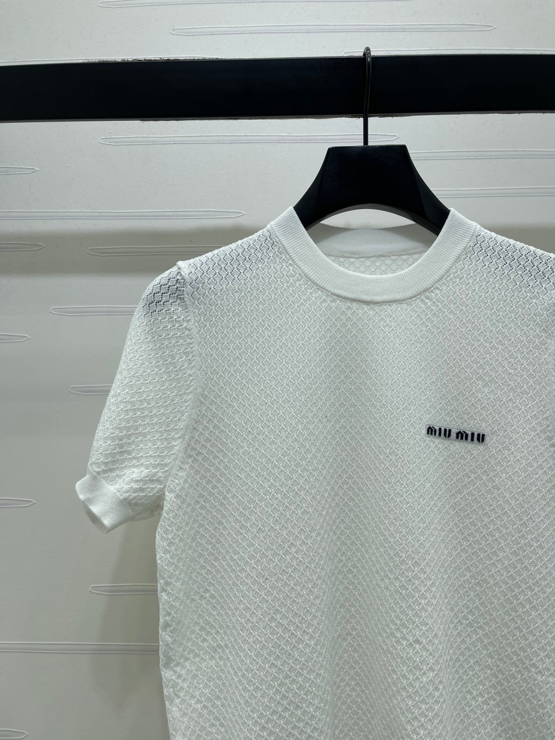 Miumiu 2026 Crew Neck Knit Short-Sleeve Shirt with Letter Logo Tencel