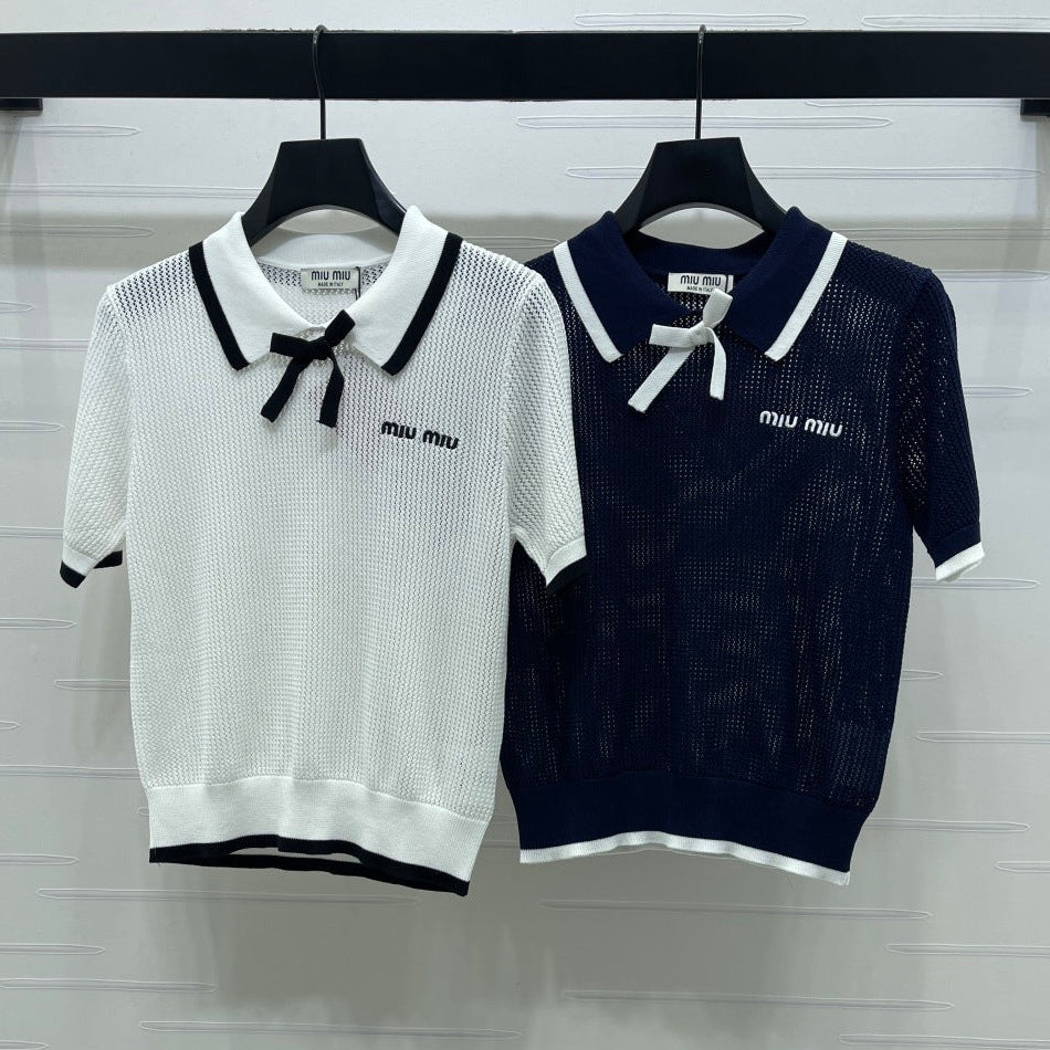 Miumiu 2026 Hollow-out Collar Knit Short-sleeved Top Wool Cashmere