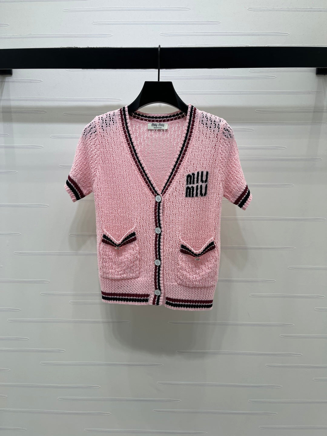 Miumiu 2026 Hollow V-neckline Cardigan Black White Pink Wool