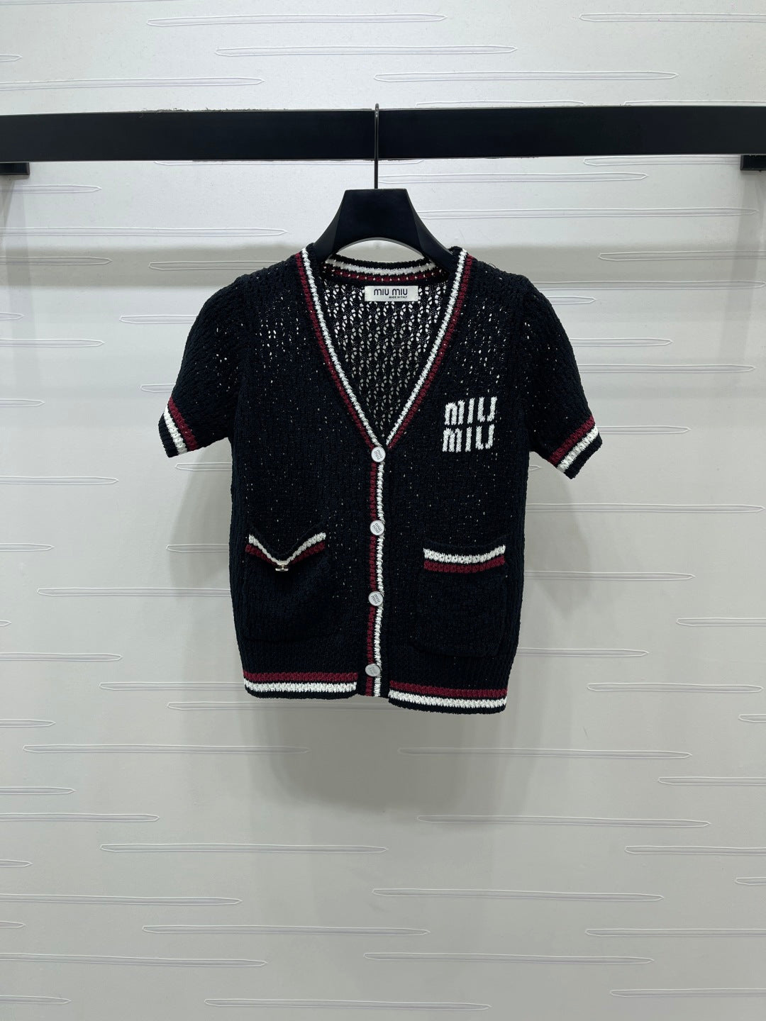 Miumiu 2026 Hollow V-neckline Cardigan Black White Pink Wool