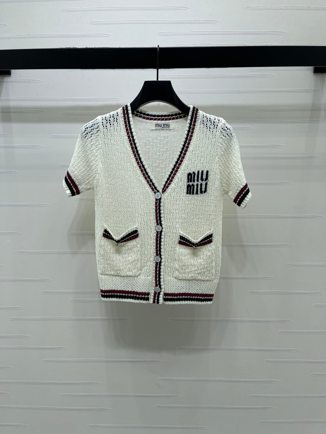 Miumiu 2026 Hollow V-neckline Cardigan Black White Pink Wool