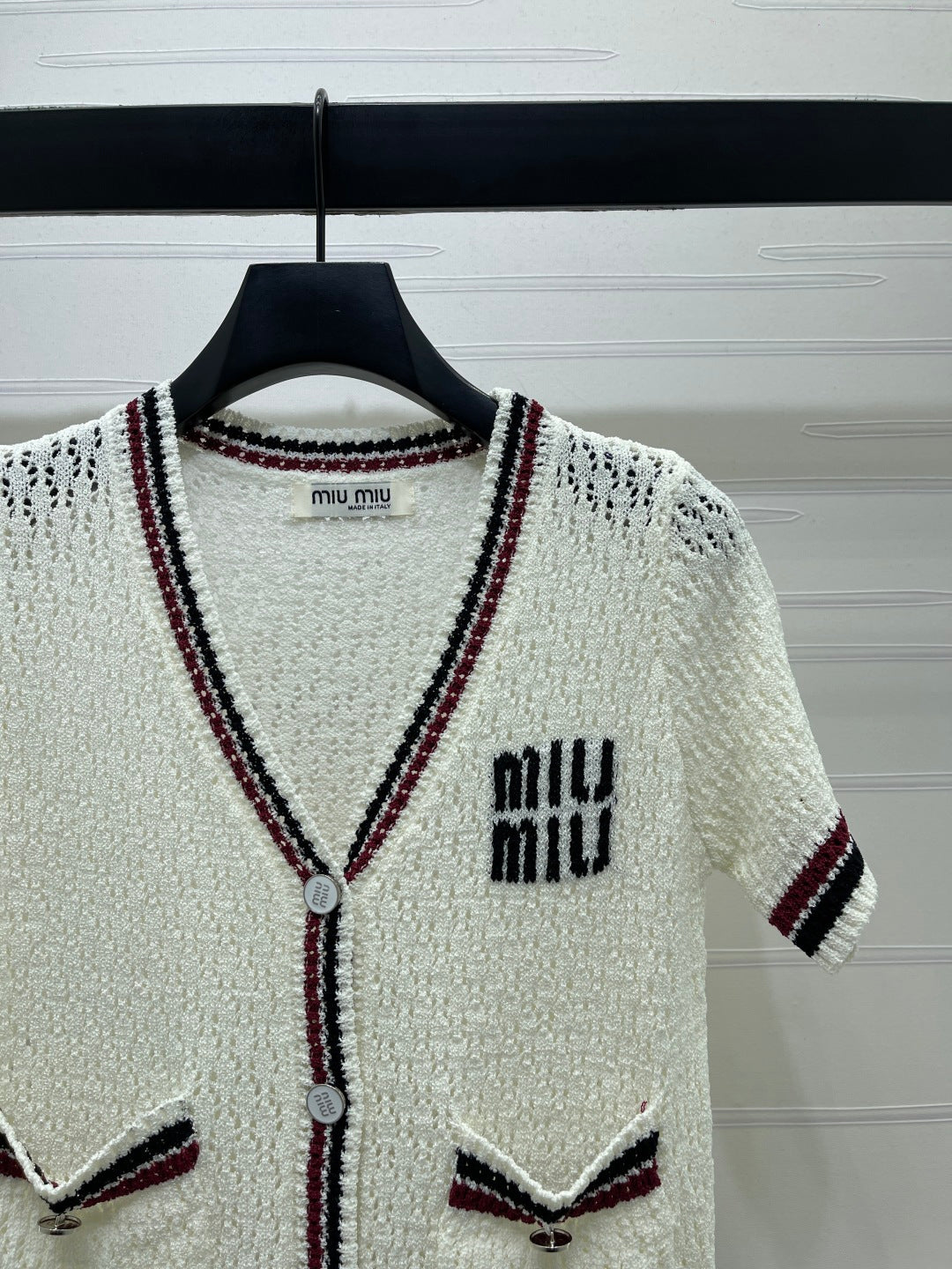 Miumiu 2026 Hollow V-neckline Cardigan Black White Pink Wool