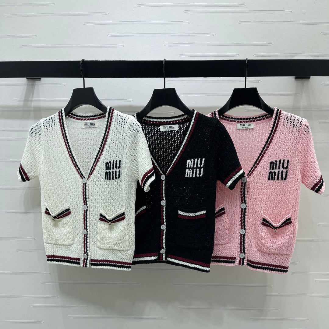 Miumiu 2026 Hollow V-neckline Cardigan Black White Pink Wool
