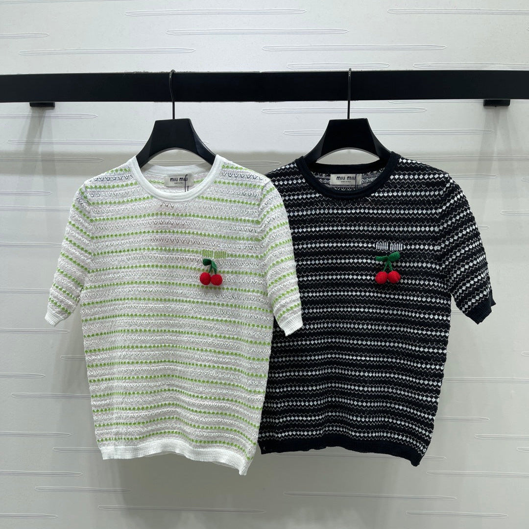 Miumiu 2026 Cherry-embroidered Knitted Shirt Tencel Nylon