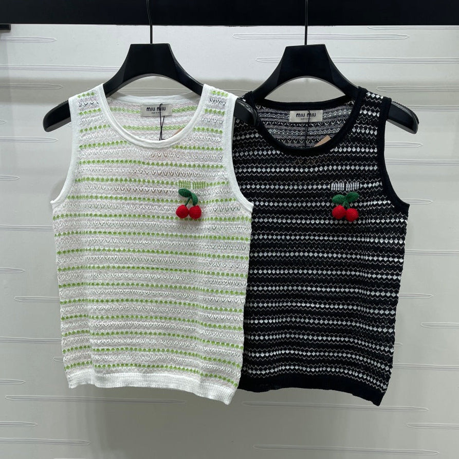 Miumiu 2026 Cherry-embroidered Knitted Sleeveless Crop Top Tencel Nylon
