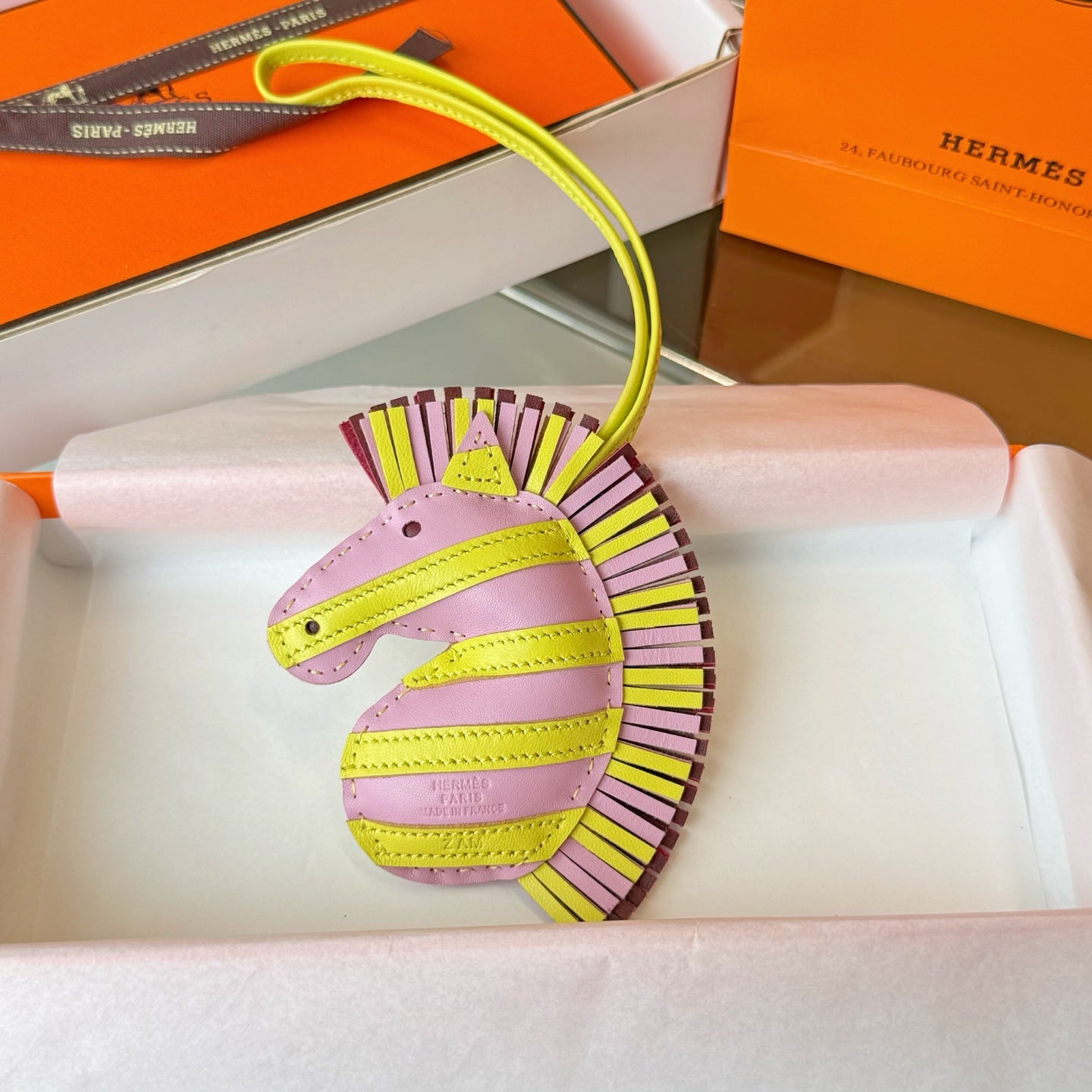 Hermes  Zebra Geegee Savannah Bag Charm Leather