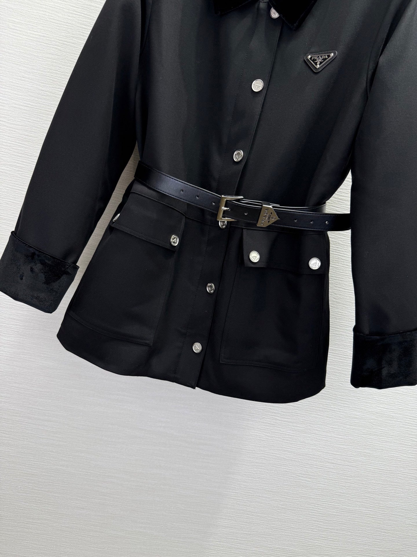 Prada 2025 Jacket With Belt Black and Gray Cotton Wool