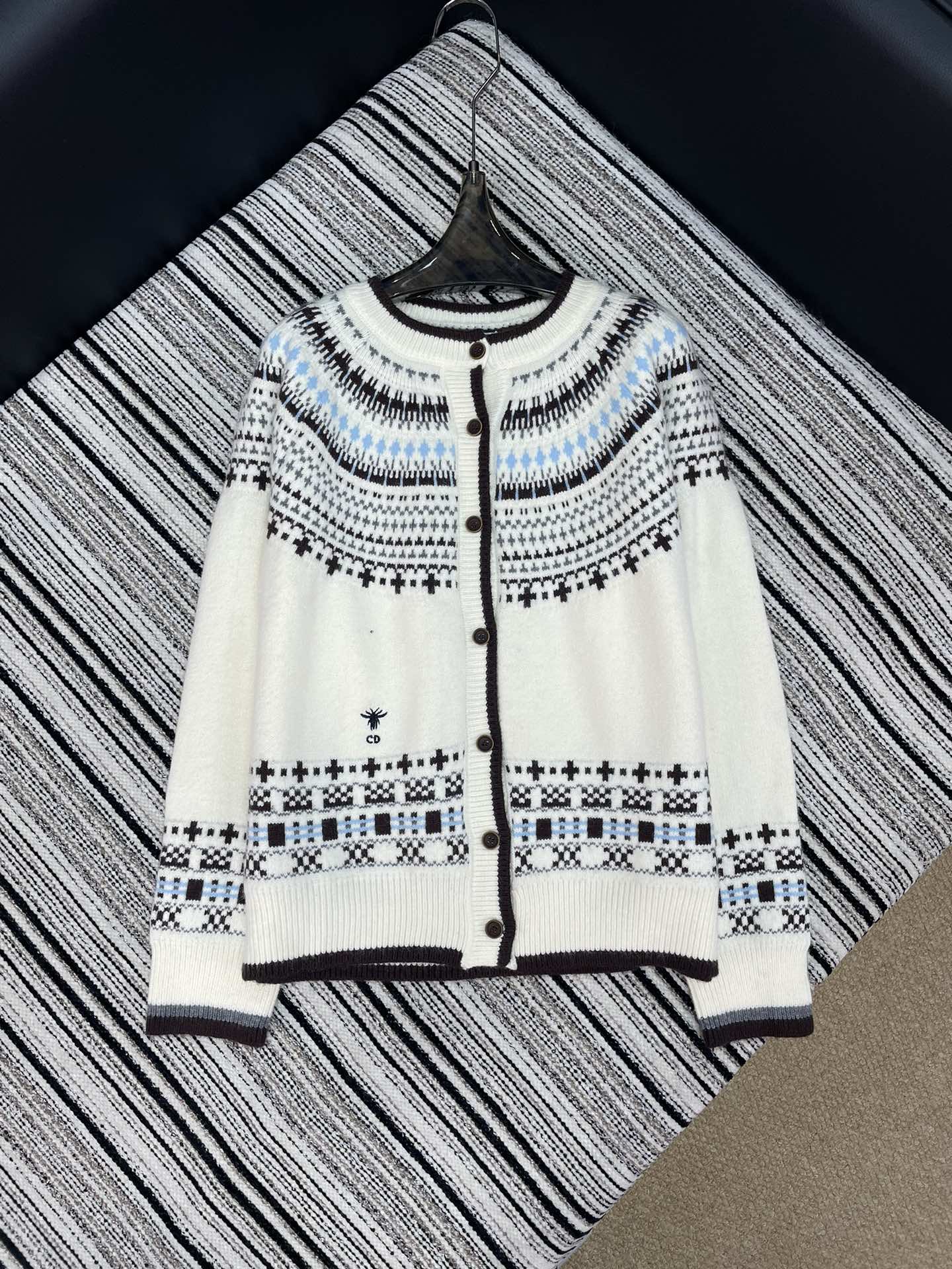 Dior 2025 Knitted Cardigan White and Gray Wool