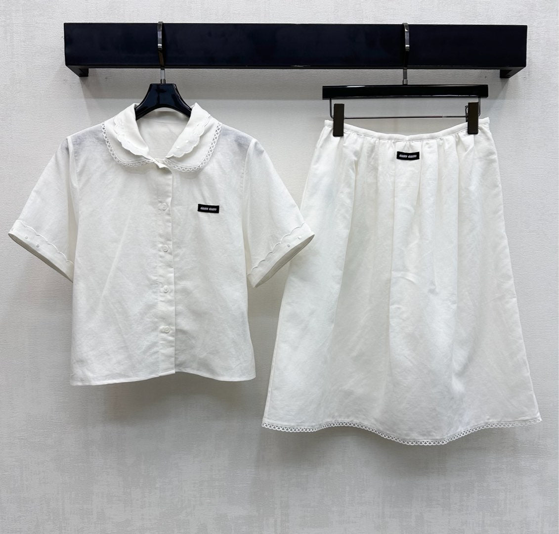 Miumiu 2026  Lace-trimmed Short-Sleeve Shirt and Skirt Set Cotton