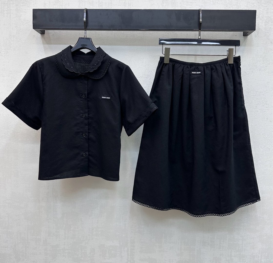 Miumiu 2026  Lace-trimmed Short-Sleeve Shirt and Skirt Set Cotton