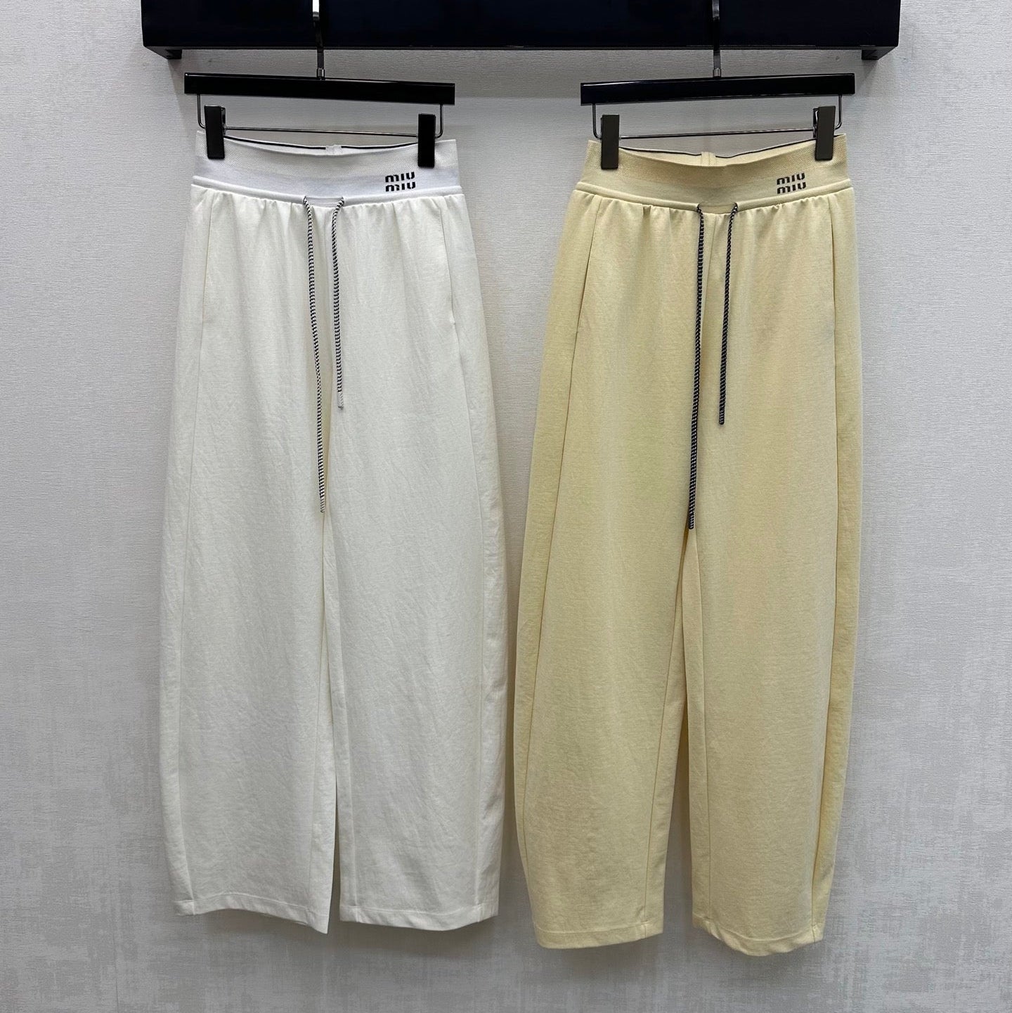 Miumiu 2026 Drawstring Webbing Pant Yellow and White Cotton Polyester