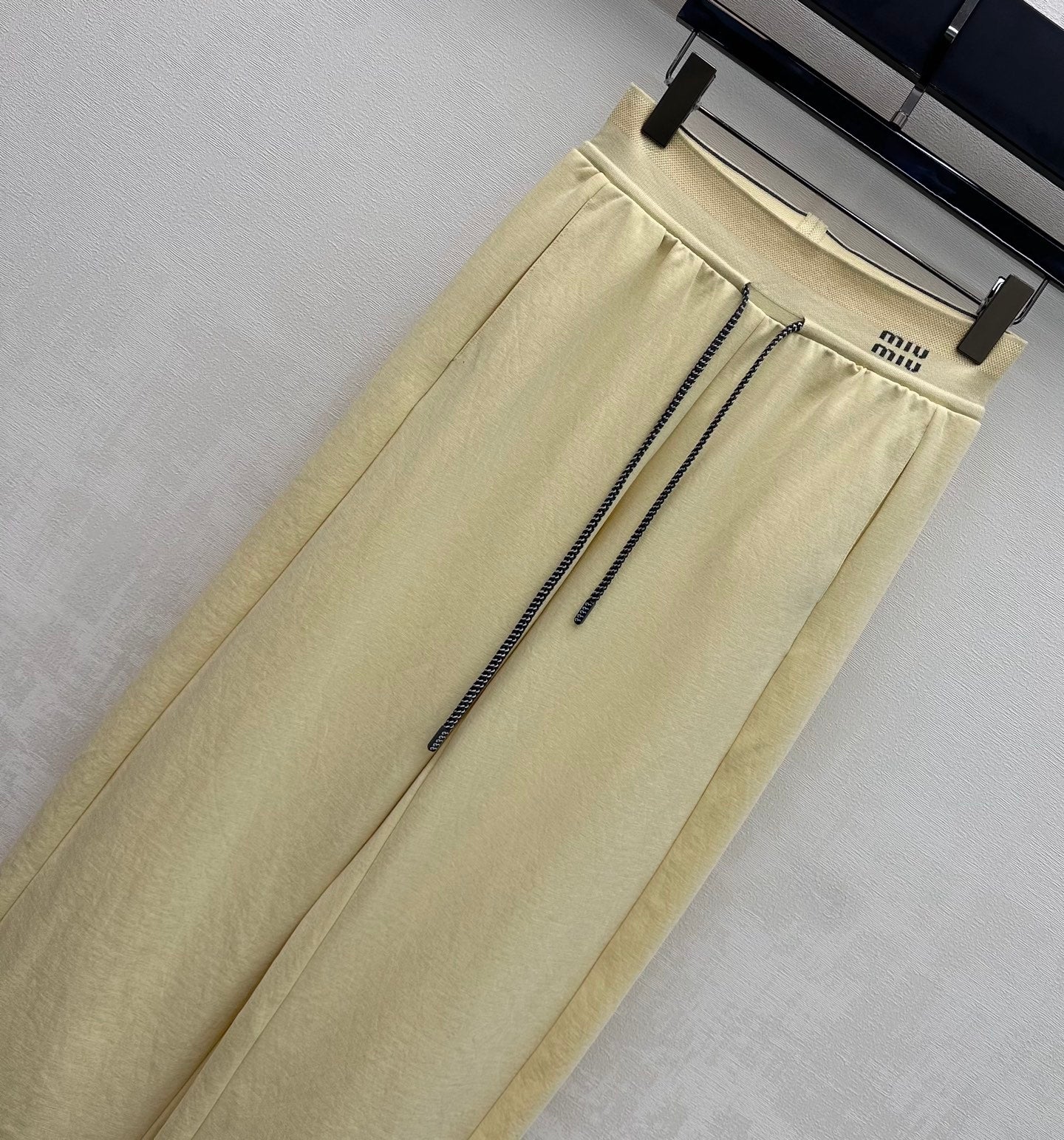 Miumiu 2026 Drawstring Webbing Pant Yellow and White Cotton Polyester