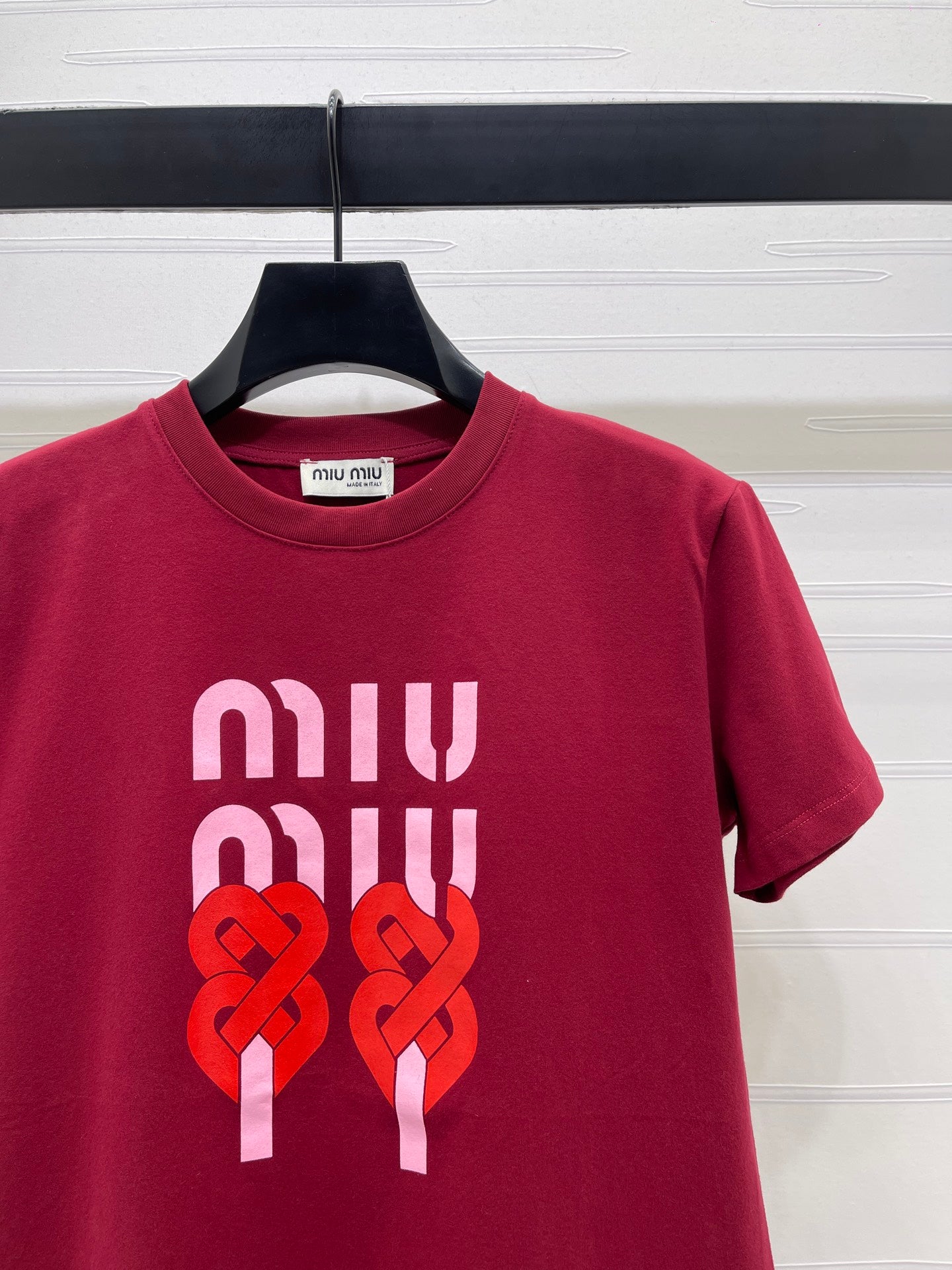 Miumiu 2026 Letter Crew Neck Short-sleeved T-shirt Red and White Cotton