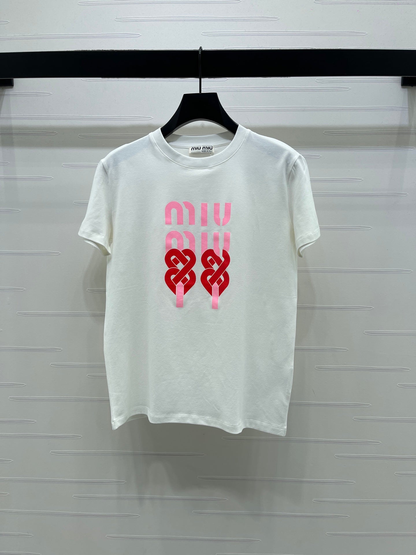Miumiu 2026 Letter Crew Neck Short-sleeved T-shirt Red and White Cotton