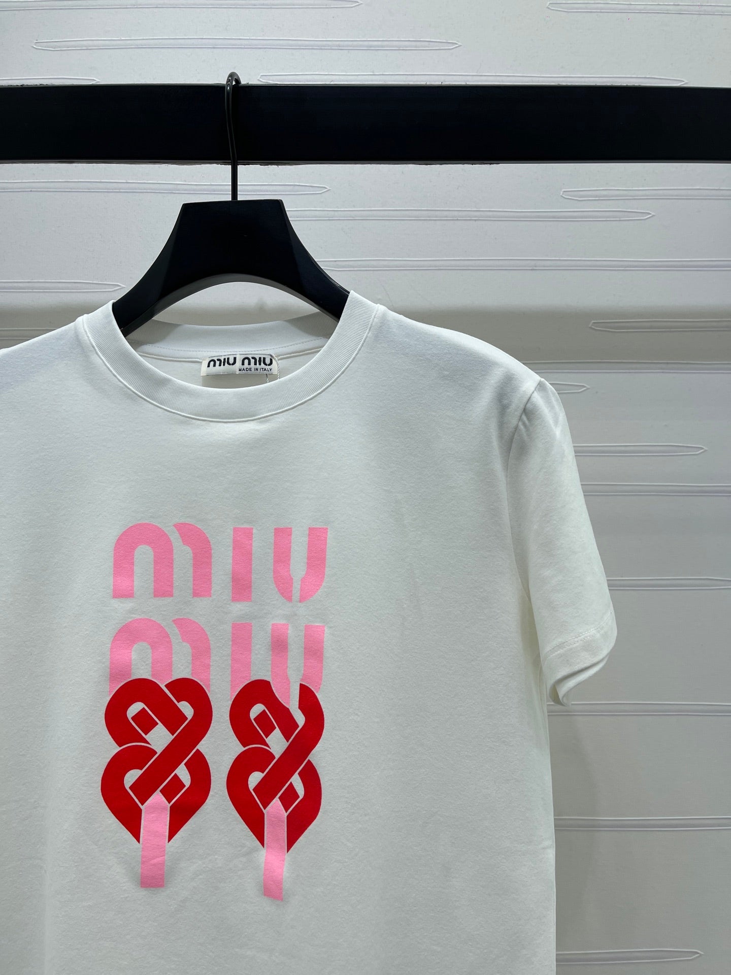 Miumiu 2026 Letter Crew Neck Short-sleeved T-shirt Red and White Cotton