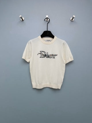 Dior 2026 Floral Embroidery Short-Sleeved Knit Top Cream and Blue Wool