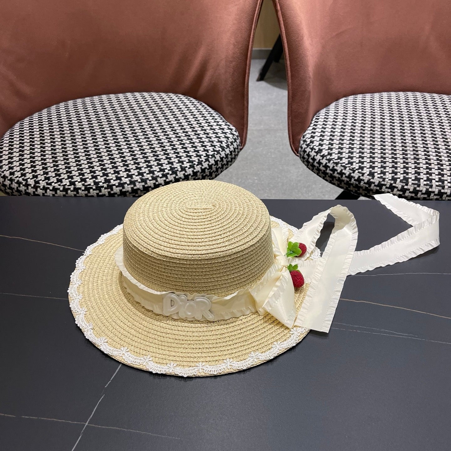 Dior Multi-colored Wide-brimmed Straw Hat With Bow 214480