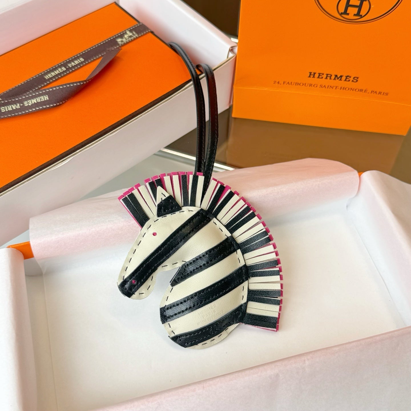 Hermes  Zebra Geegee Savannah Bag Charm Leather