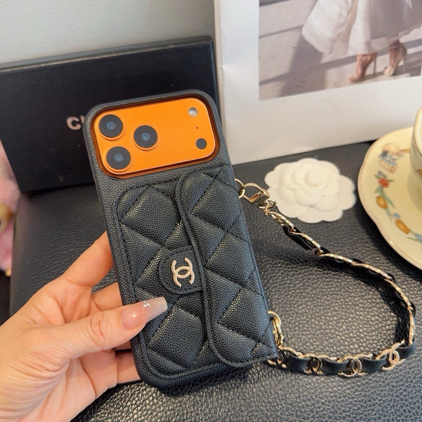 Chanel Quilted Caviar Leather Phone Case With Card Holder And Chain 398659