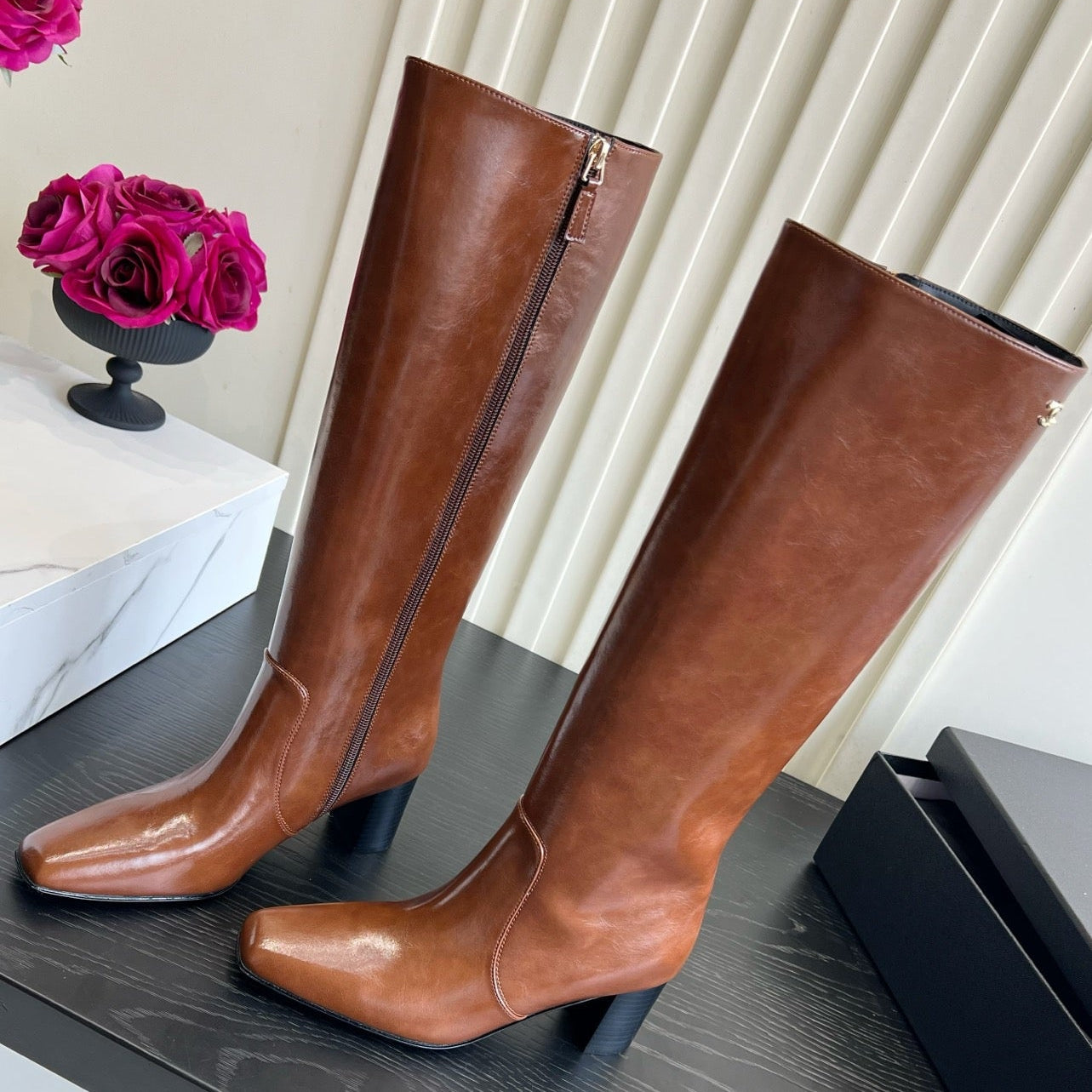 Chanel 2026 Square Toe Chunky Heel High Boots 50mm Cowhide 977240