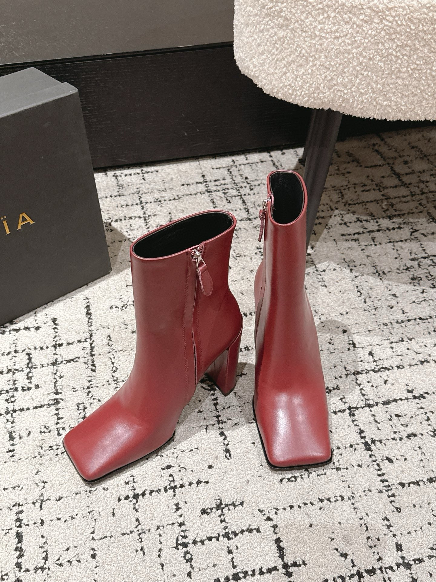 Alaia 2025 Square Toe High Heeled Ankle Boot Red Calfskin 558665
