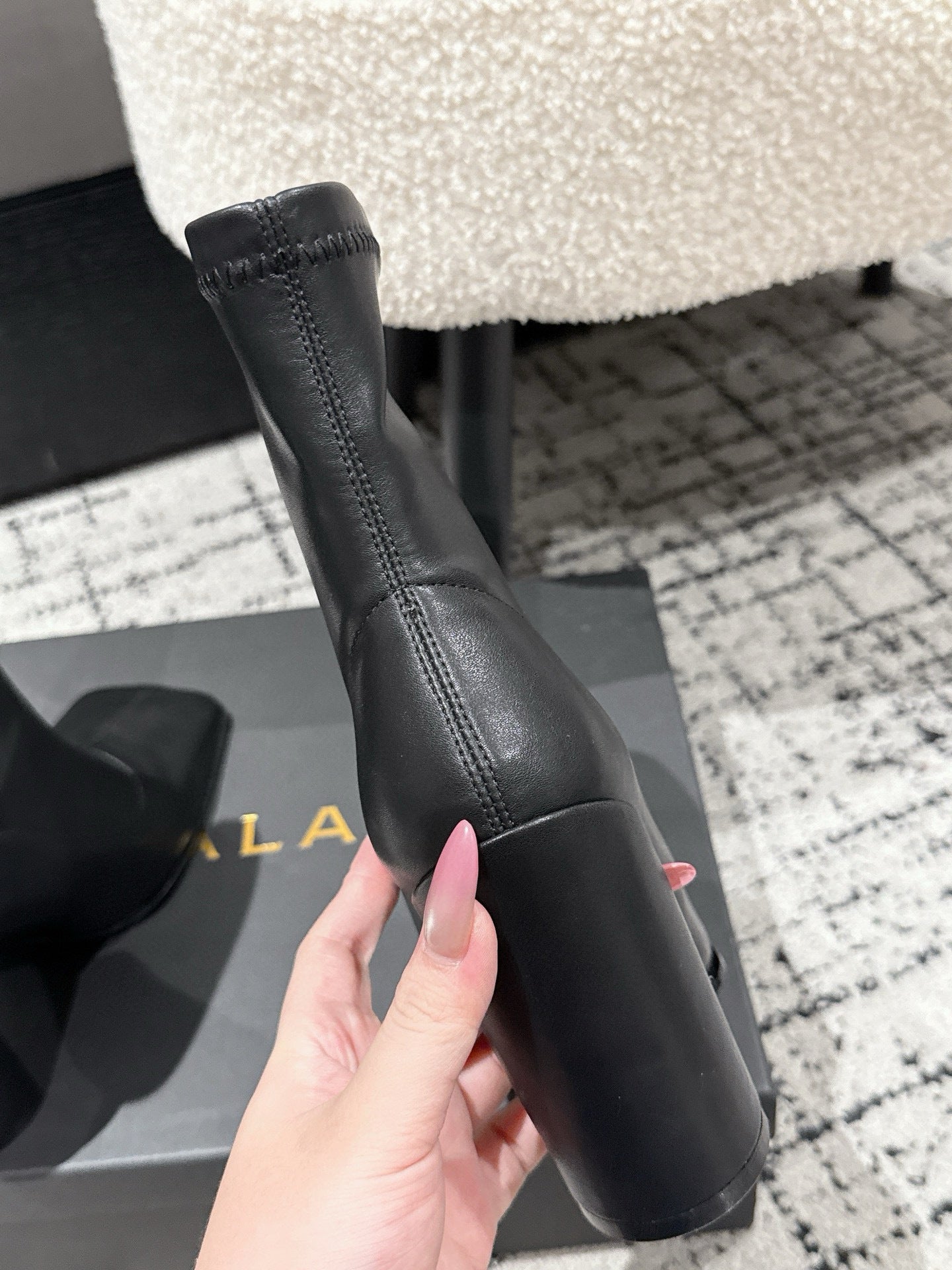 Alaia 2025 Square Toe High Heeled Ankle Boot Black Calfskin 558666