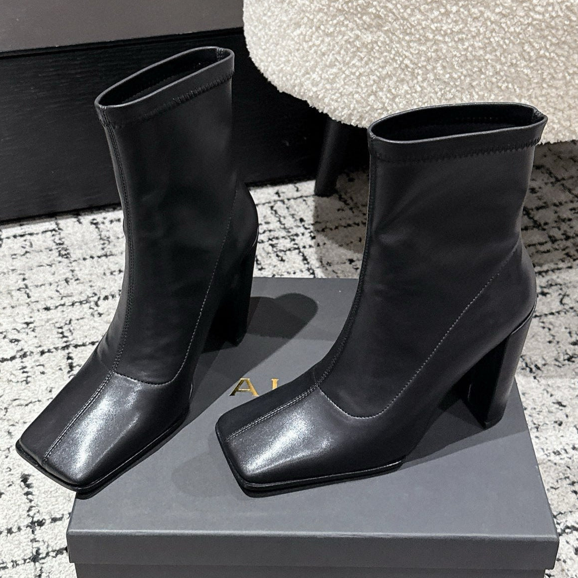 Alaia 2025 Square Toe High Heeled Ankle Boot Black Calfskin 558666