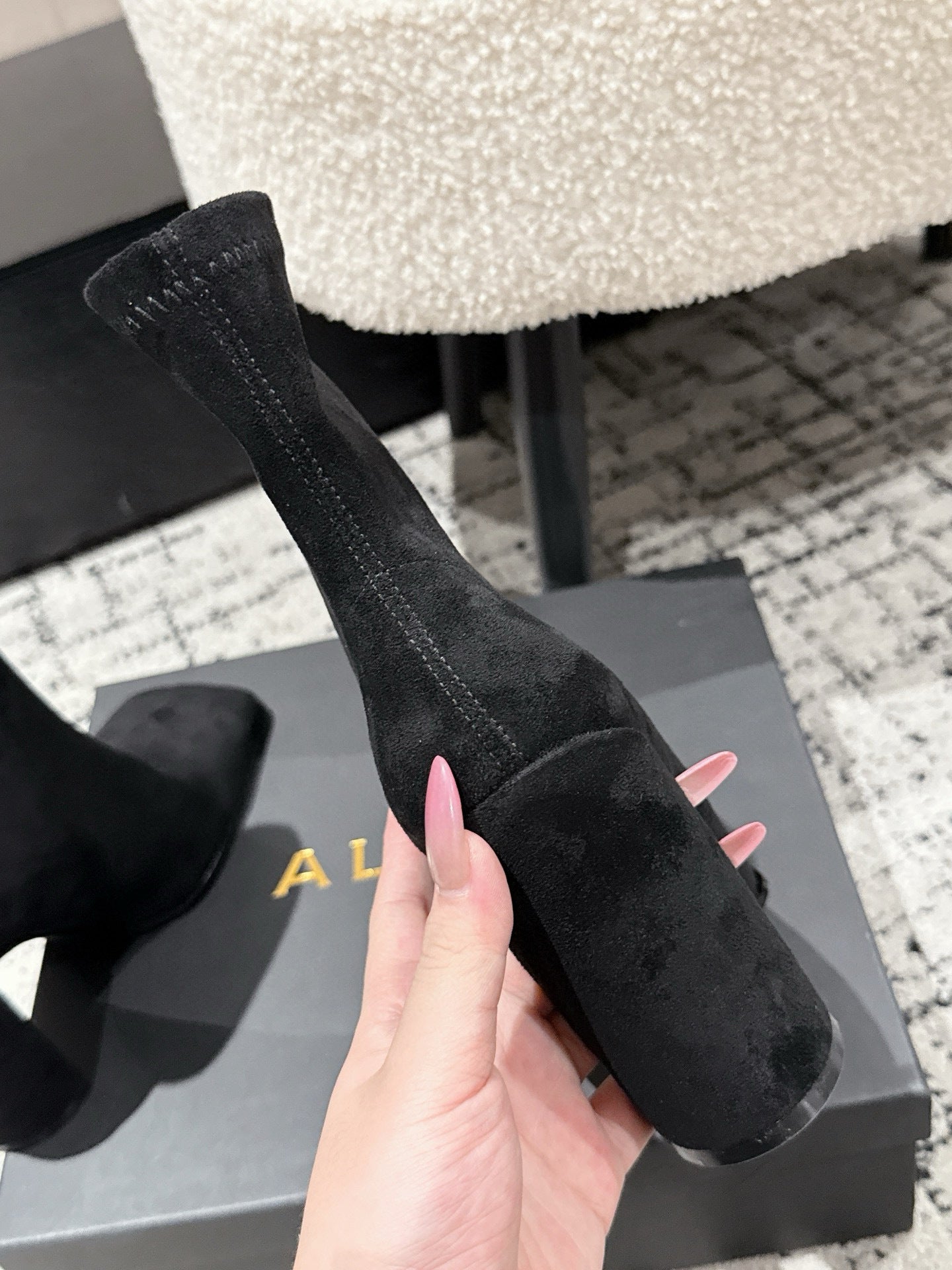 Alaia 2025 Square Toe High Heeled Ankle Boot Black Suede 558668