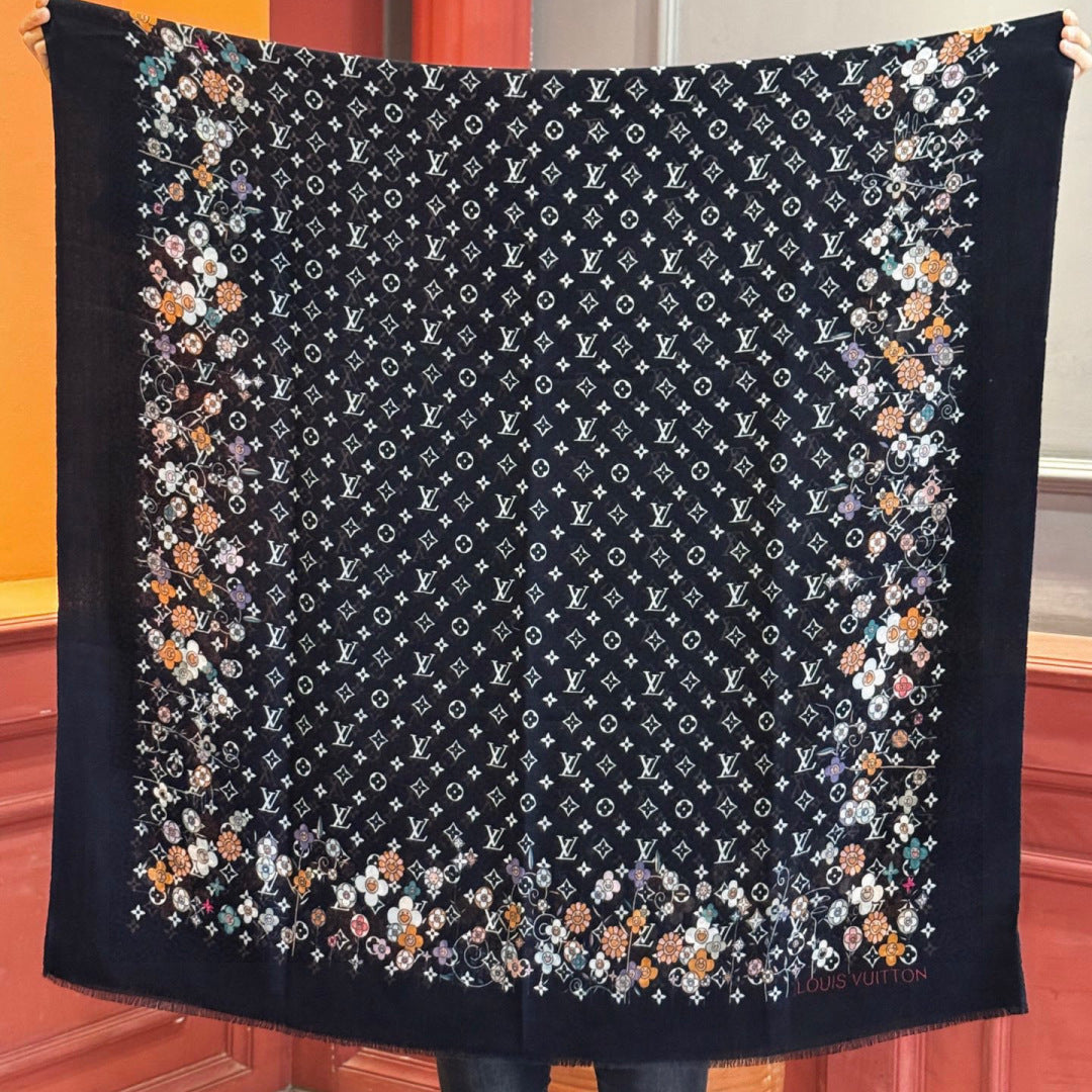 LV x TM Monogram Superflat Flowers 200cm Black Multicolor Silk 969171