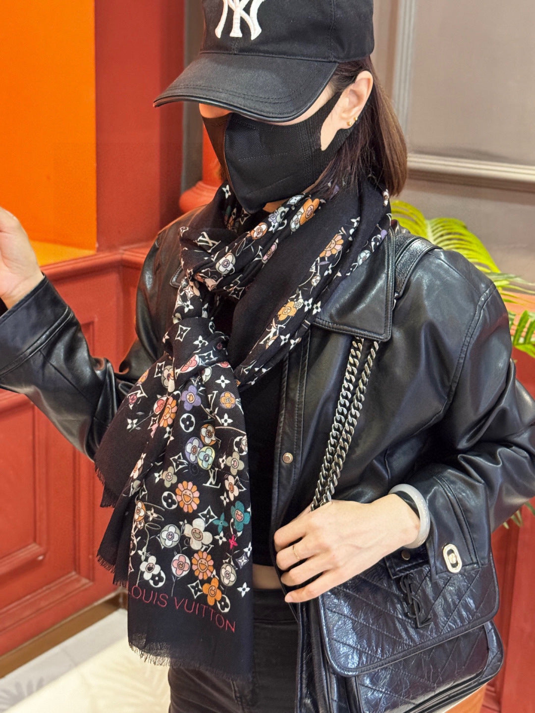 LV x TM Monogram Superflat Flowers 200cm Black Multicolor Silk 969171