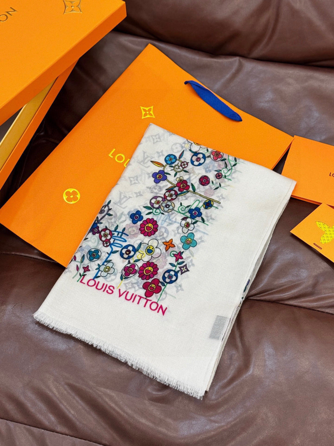 LV x TM Monogram Superflat Flowers 140cm White Multicolor Silk Wool 969172