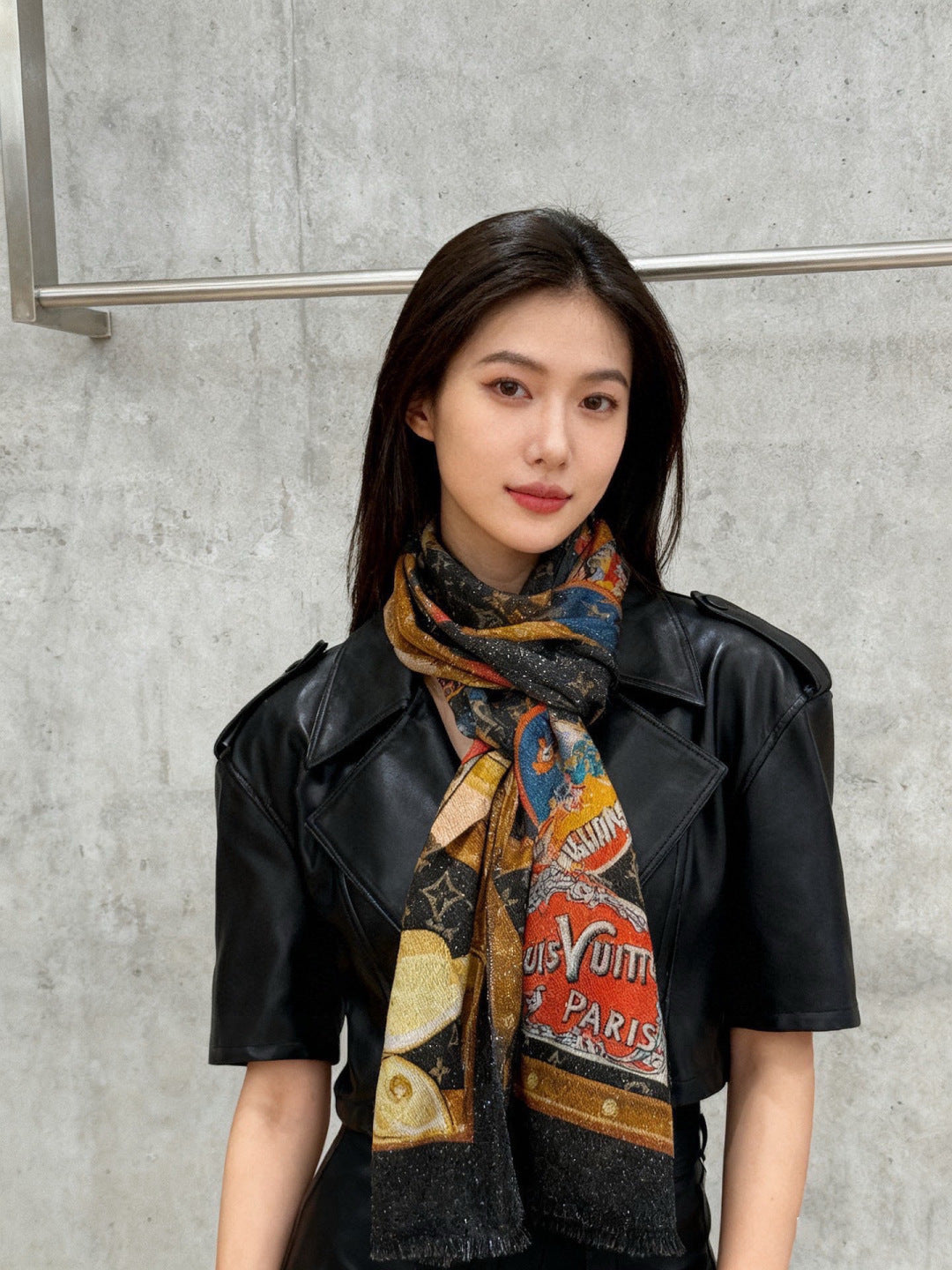 LV Silver Thread Long Scarf 200cm Black Brown Cashmere 969180