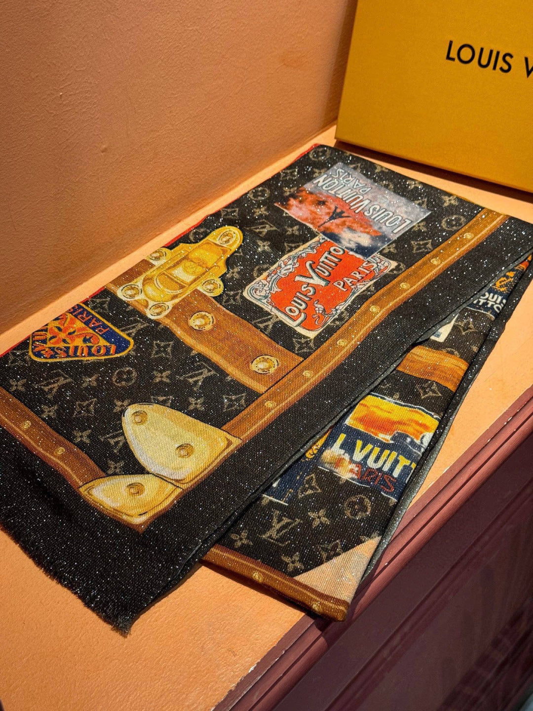 LV Silver Thread Long Scarf 200cm Black Brown Cashmere 969180