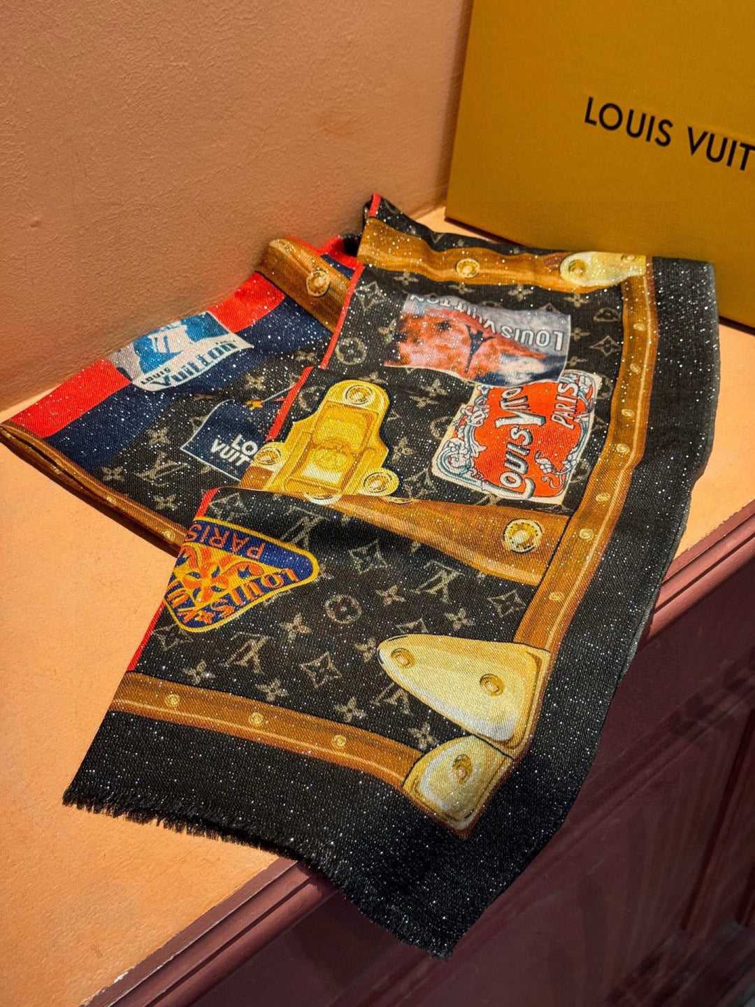 LV Silver Thread Long Scarf 200cm Black Brown Cashmere 969180