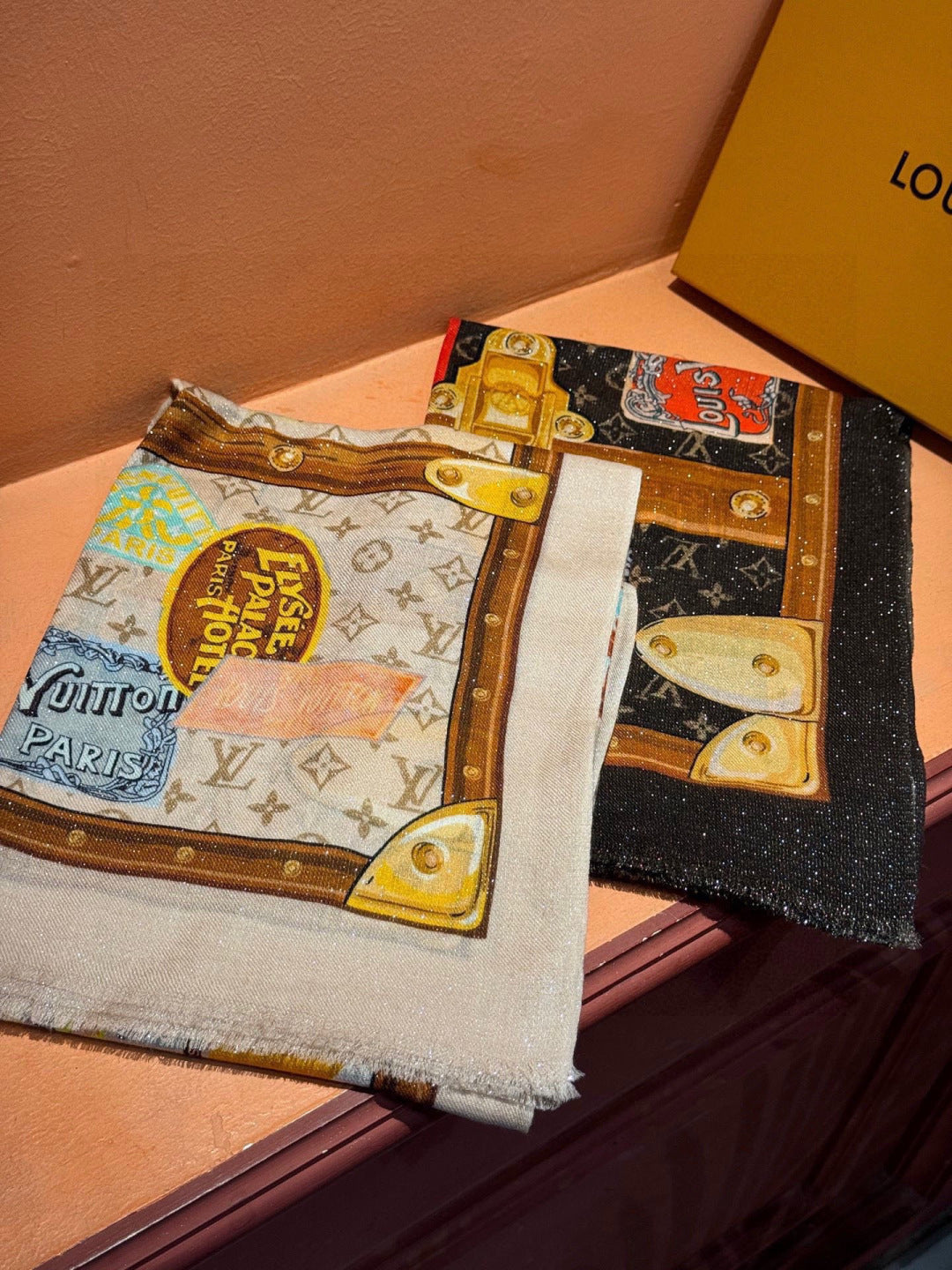 LV Silver Thread Long Scarf 200cm Beige Brown Cashmere 969181