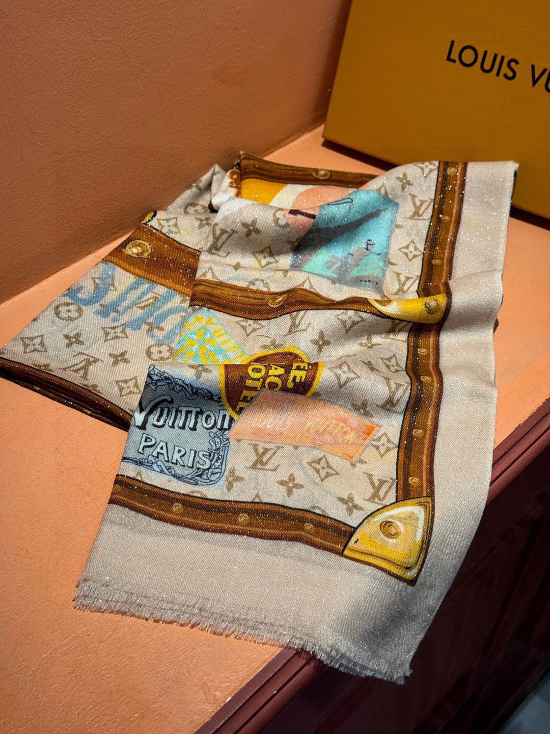 LV Silver Thread Long Scarf 200cm Beige Brown Cashmere 969181