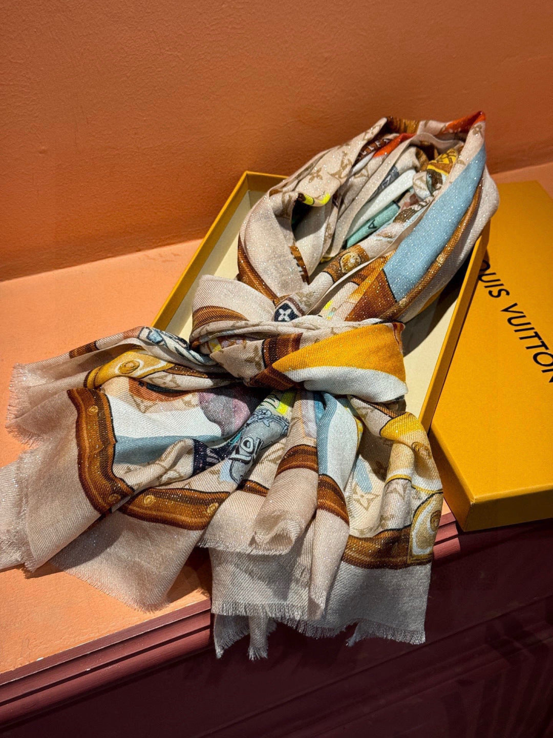 LV Silver Thread Long Scarf 200cm Beige Brown Cashmere 969181