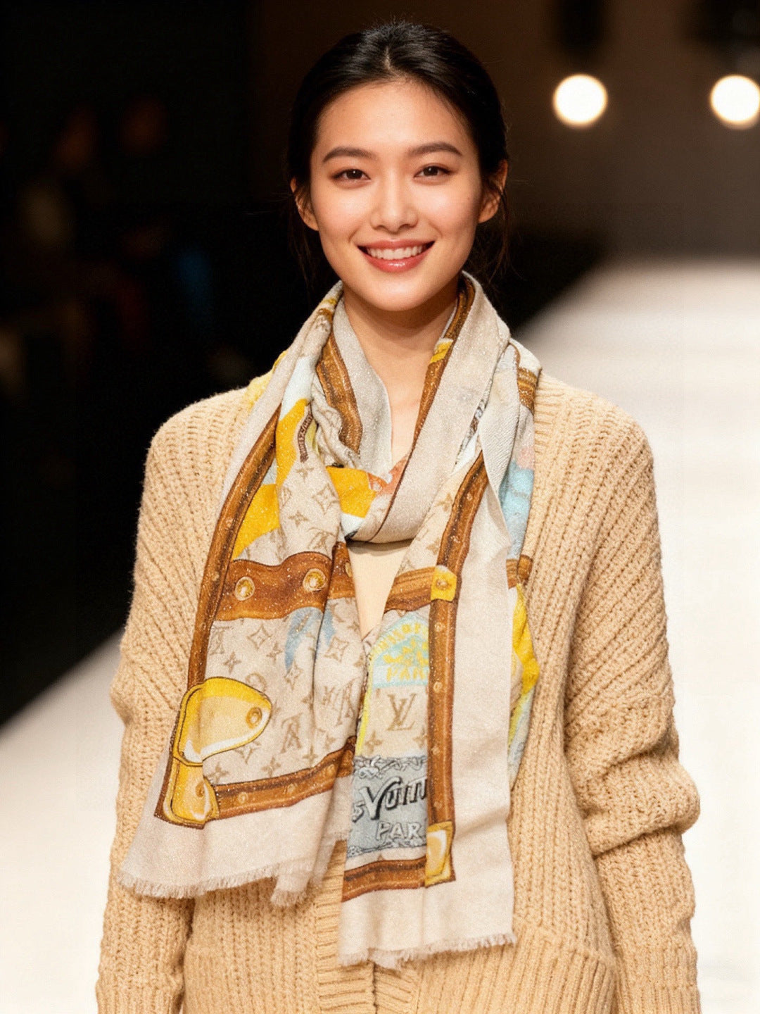 LV Silver Thread Long Scarf 200cm Beige Brown Cashmere 969181