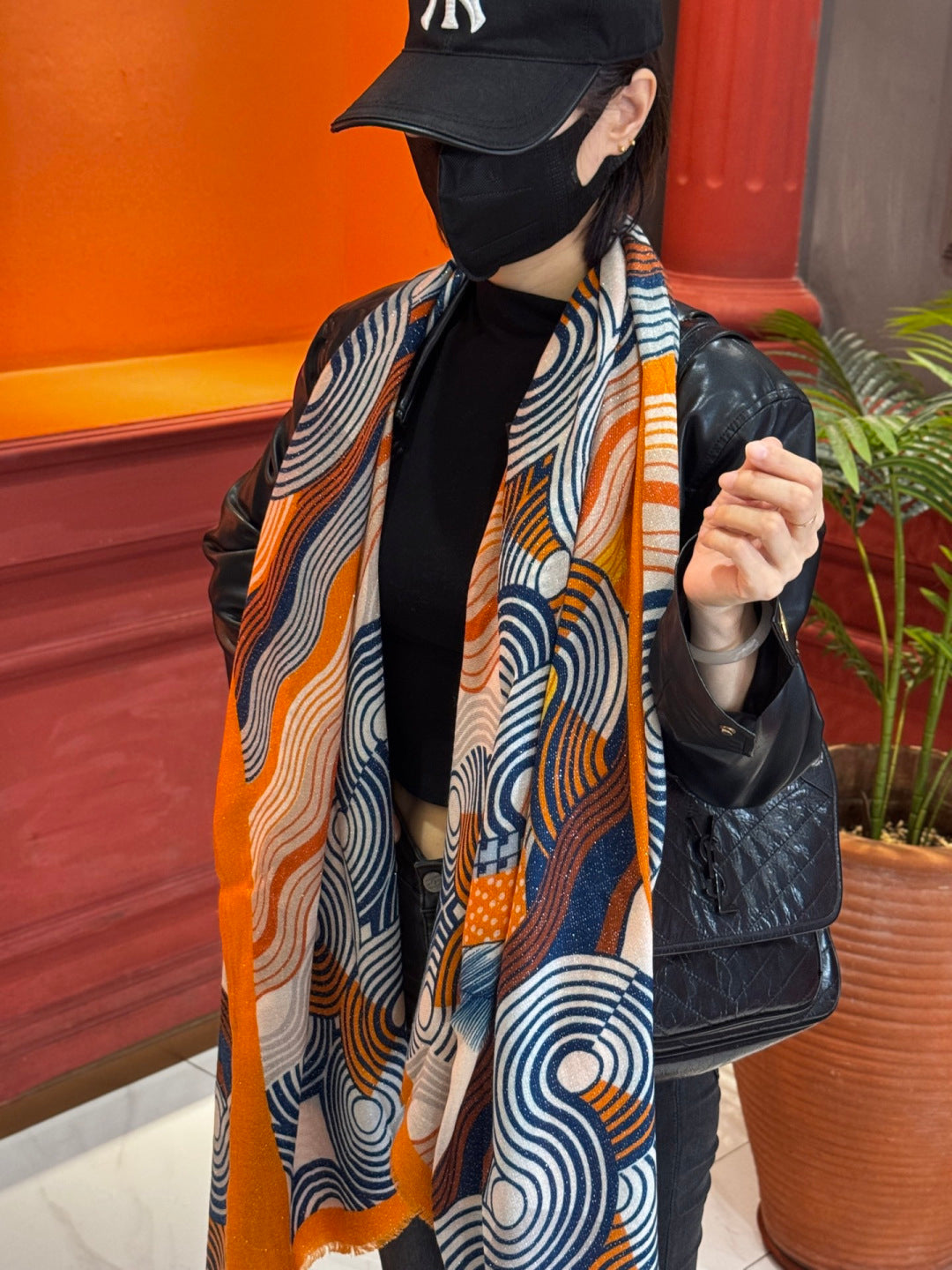 HM 25s Scarf 140cm Orange Black Cashmere 976203