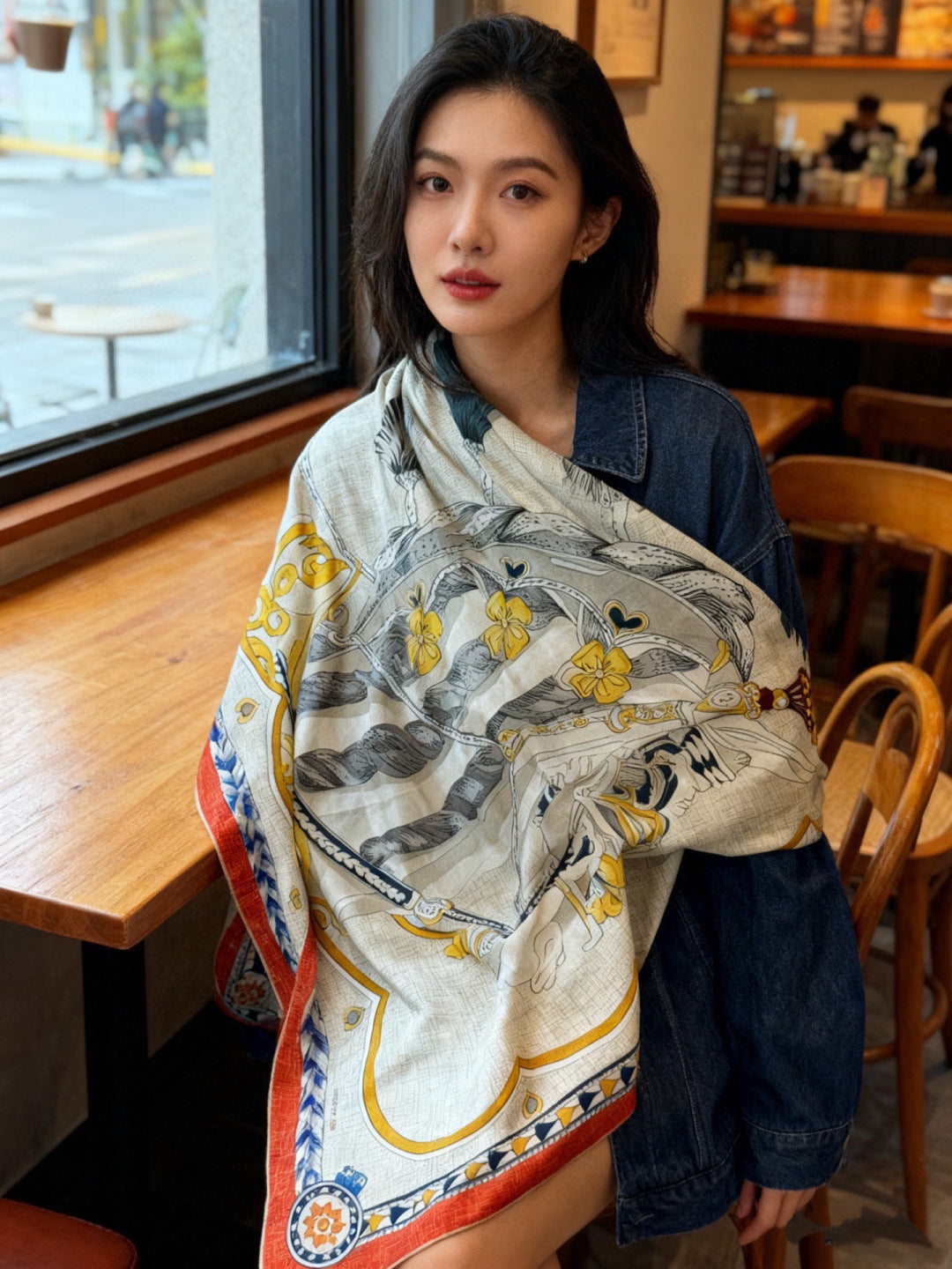 HM 25s Velvet Square Scarf 140cm Beige Orange Cashmere 976219