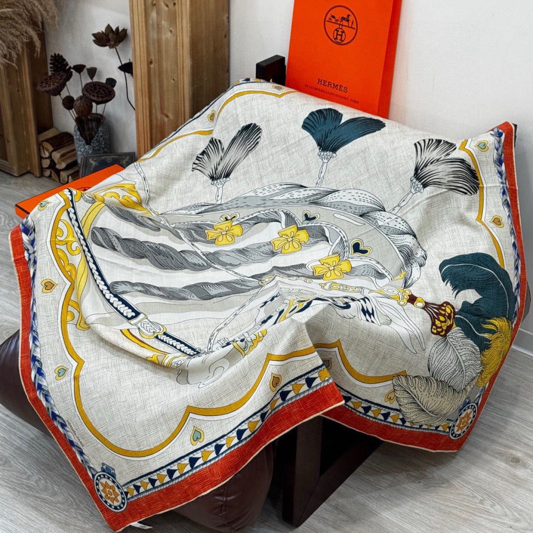 HM 25s Velvet Square Scarf 140cm Beige Orange Cashmere 976219