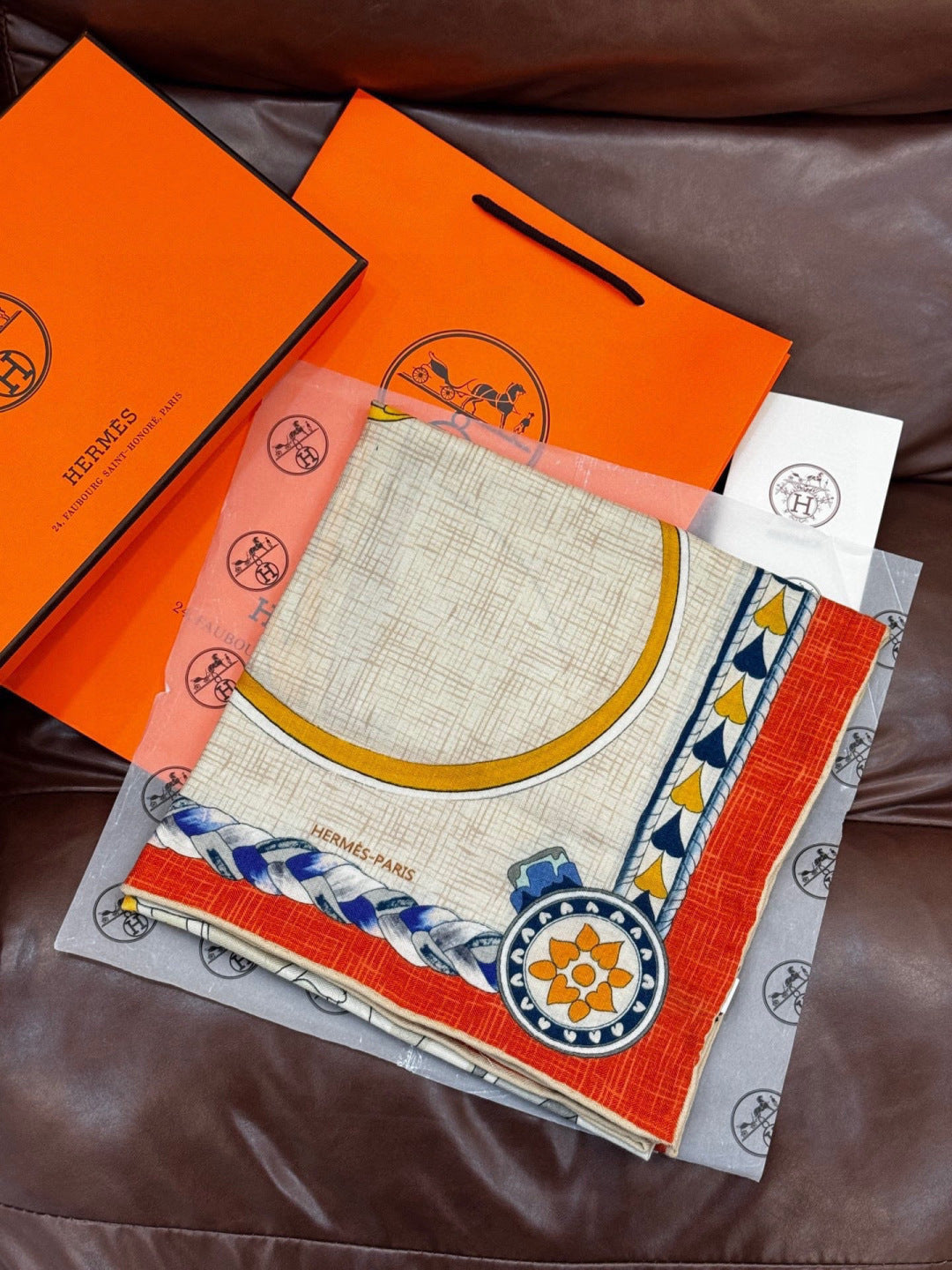 HM 25s Velvet Square Scarf 140cm Beige Orange Cashmere 976219