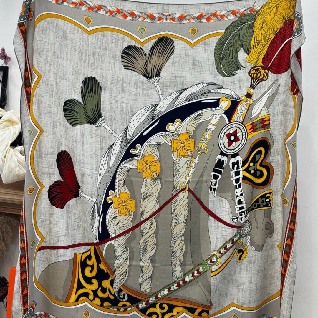 HM 25s Velvet Square Scarf 140cm Gray Yellow Cashmere 976220