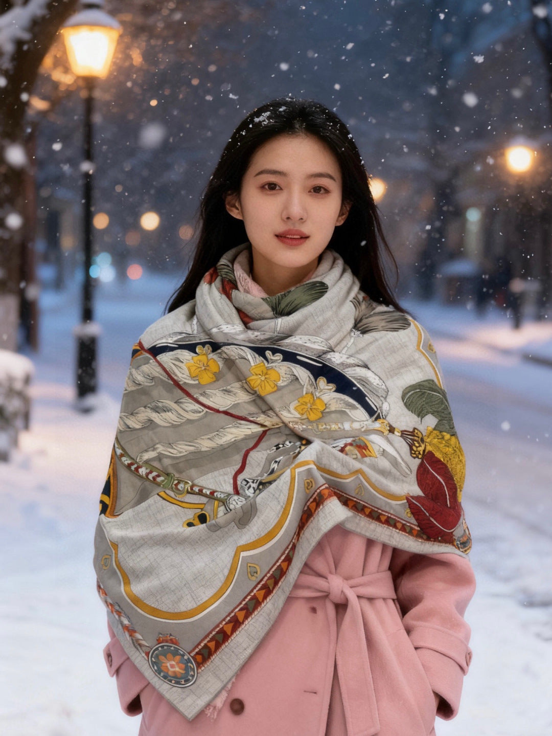 HM 25s Velvet Square Scarf 140cm Gray Yellow Cashmere 976220