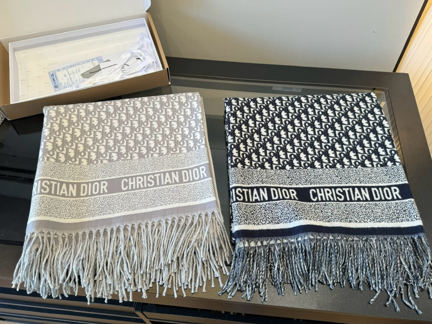 CD Jacquard Logo Scarf 140CM Gray Wool Cashmere 293335