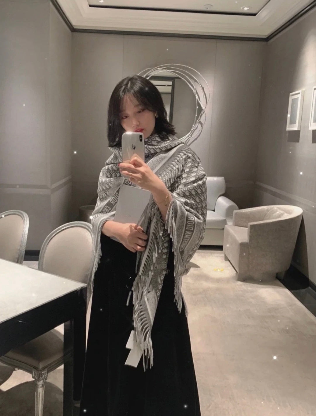 CD Jacquard Logo Scarf 140CM Gray Wool Cashmere 293335