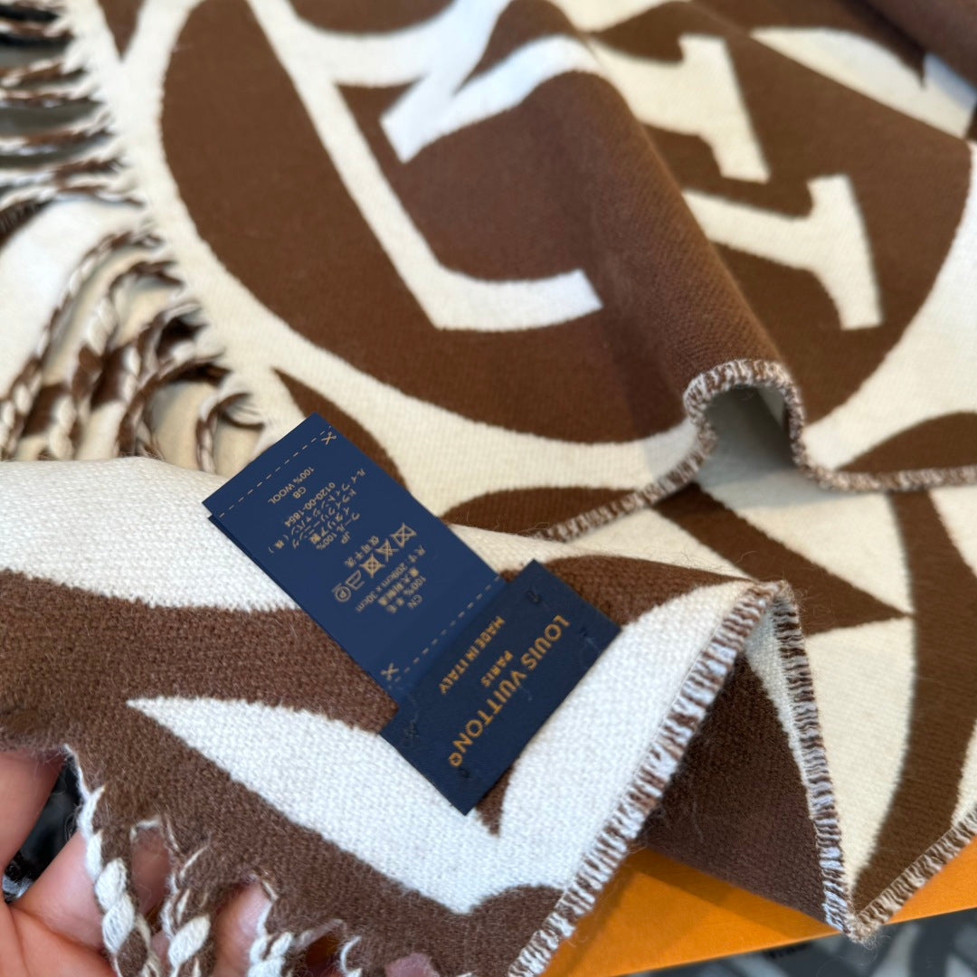 LV 25 Scarf 186cm Brown White Wool 293487