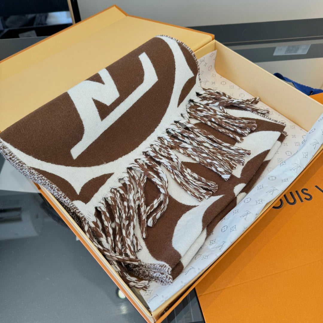 LV 25 Scarf 186cm Brown White Wool 293487